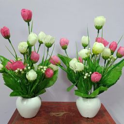 Set of 2 Table Flower Top Pink, White Rose Artificial Flowerwith Pot-image-72