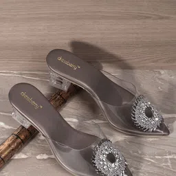 DressBerry Grey Embellished Peep Toes Block Heels-8