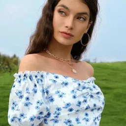 Kotty White Floral Printed Off-Shoulder Bardot Crop Top-image-28