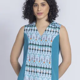 SHAYE Geometric Printed Shirt Collar Sleeveless Crepe Top-image-59