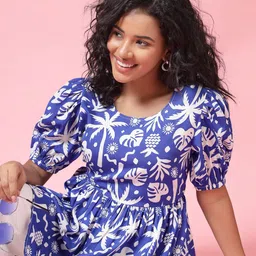 EVERYDAY by ANI Tropical Printed Puff Sleeves Gathered Flared Casual Crepe Top-image-20