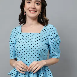 Kotty Blue Polka Dot Printed Crepe Peplum Top-image-7