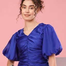 Globus Blue V-Neck Flutter Sleeve Opaque Crepe Top-picture-40