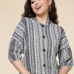 FashionsEye Geometric Printed Shirt Collar Puff Sleeves Casual Top-image-99