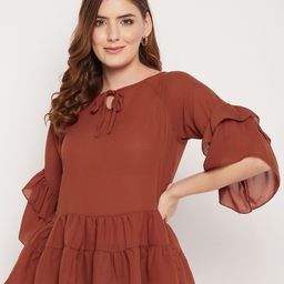 STYLE BLUSH Tie-Up Neck Puff Sleeve Crepe  A-Line Top-image-98