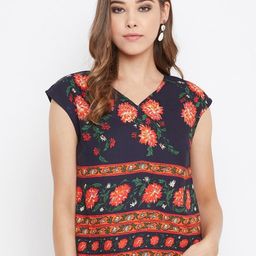 Berrylush Navy Blue & Orange Floral Print Crepe Top-picture-5