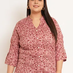 U&F Beyond Plus Size Floral Printed Mandarin Collar Shirt Style Top-image-82