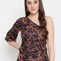 AKIMIA Black & Red Print One Shoulder Cinched Waist Crepe Top-image-69