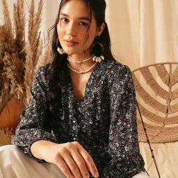QUIERO Black & White Floral Printed V-Neck Puff Sleeves Ruffles Regular Top-image-33