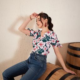 DENNISON Floral Printed V-Neck Crepe Top-image-18