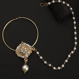 ANIKAS CREATION Gold-Toned & White CZ Studded Gold-Plated Nose Ring With Chain-picture-43