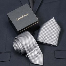 LOUIS STITCH Men Checked Italian Silk Necktie Accessory Gift Set-34
