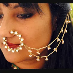 BeAbhika Kundan Stone Studded Nosepin With Bead Extension image 2