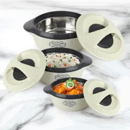 Ripple Double Walled Insulation Casserole | Firm Twist Lock and Handles |White Thermoware Casserole-20