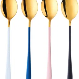 Spoons,Stainless Steel Long-Handled Spoon,Gold Small Round Spoon,Household Tableware Set,Dessert Spoon,Suitable for Cafe Restaurant for Soup, Grain,Dessert,Milk,Tea,Coffee Set of 4 (Mix Colour Gold) Stainless Steel Table Spoon Set-22