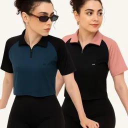 Pack of 2 Women Solid Zip Neck Polyester Black, Green T-Shirt-image-60