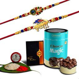 Designer Rakhi Combo for Brother with Choco Magic(96-GM)Rakhi Set of 2|K2_319+320_CM Assorted Rakhi, Chawal Roli Pack, Greeting Card, Coins Set-image-50