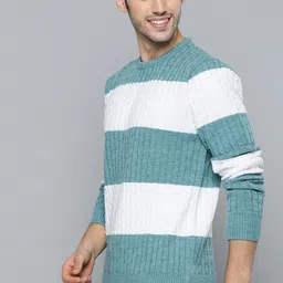 mast & harbour Men Striped Round Neck Blue, White Sweater-picture-8