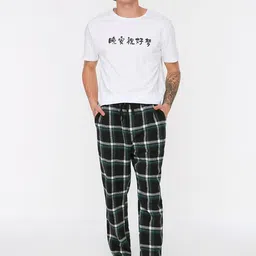 Trendyol Men White & Black Checked Pure Cotton Night suit-17