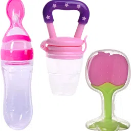 Infant Baby Squeezy Food Grade Silicone Bottle Feeder & Fruit Shape Silicone Teether with Fruit Pacifier (Squeezy Feeder 'Pink' + Pacifier 'Pink' + Teether 'Apple') (Pack of 3)- Silicone-19