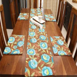 bells & whistles Floral Passion (72x13) Aqua Blue & Brown Cotton Table Runner-picture-3