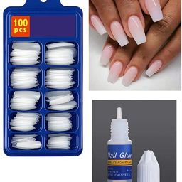 Artificial Curve Fake Nails with Glue white White-9