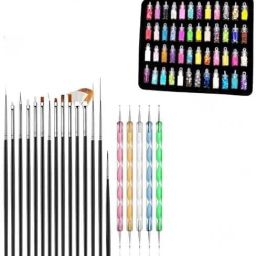 Nail Art Kit - 48 Pcs Glass Bottles Glitter Stones & 15 pc nail brush & dotting pen tool 2 way-8