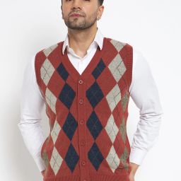 Men Checkered V Neck Red Sweater-image-12