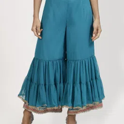 Women Flared Blue Georgette Trousers-image-8