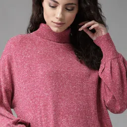 Roadster Women Pink Self Design Turtle Neck Pullover Sweater-32