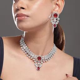 Rubans Silver-Plated Ruby Red & White Cubic Zirconia Studded Premium Jewellery Se-image-60