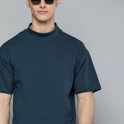 M&H Easy Men Navy Blue Cotton Solid Drop-Shoulder Sleeves T-shirt-image-23