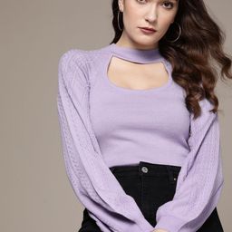bebe Women Soft Lavender All Day Cable Knit Puff Sleeves Choker Neck Pullover-image-50