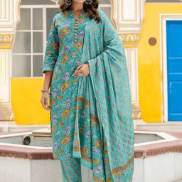 Kohsh Floral Printed Pure Cotton Straight Kurta With Trousers & Dupatta-picture-41