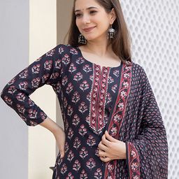 KALINI Floral Printed Round Neck Straight Kurta With Trousers & Dupatta-image-31