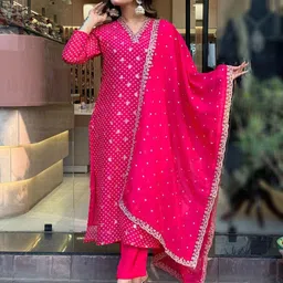 KALINI Ethnic Motifs Embroidered Straight Kurta With Trousers & Dupatta-24