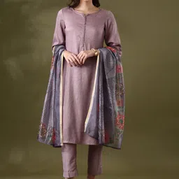 Anouk Purple Striped Embroidered Sequinned Straight Kurta With Trousers & Dupatta-6