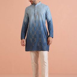 KISAH Geometric Embroidered Sequinned Mandarin Collar Straight Kurta with Trousers-image-84
