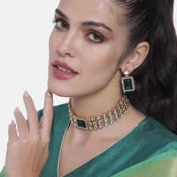 Peora Green & White Kundan Stone Studded Gold-Plated Choker Jewellery Set image 2