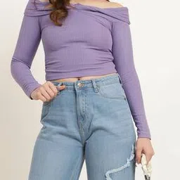 Shein Twisted Off Shoulder Full Sleeves Ribbed Top-image-2
