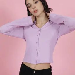 Shein Casual Collared V Neck Textured Fitted Lavender Shirt-image-74