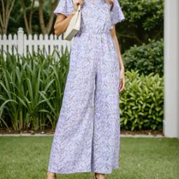 Shein Flutter Sleeve Mock Wrap Floral Print Jumpsuit-image-87