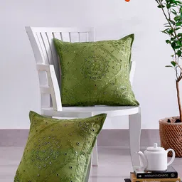 HANDICRAFT PALACE Green 2 Pieces Embroidered Pure Cotton Square Cushion Covers-picture-3