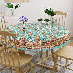 BLOCKS OF INDIA Green & Red Floral Printed Pure Cotton Round 4-Seater Table Cloth-2