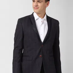 Peter England Elite Men Navy Blue Checked Single Breasted Blazer-image-34
