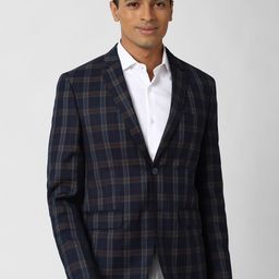 Peter England Elite Men Navy Blue & Grey Checked Single-Breasted Slim-Fit Formal Blazer-picture-8