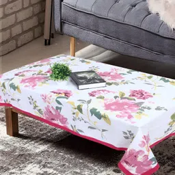 Texstylers White & Pink Floral Anti-Slip Cotton 4-Seater Rectangular Table Cover-33