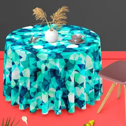 ArtzFolio Blue Geometric Printed Anti-Slip Round 4-Seater Table Cover-18