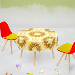 ArtzFolio Cream & Yellow Anti-Slip Round 4-Seater Table Cover-19