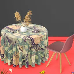 ArtzFolio Green & Brown Printed Velvet Anti-Slip Round Table Cover-28